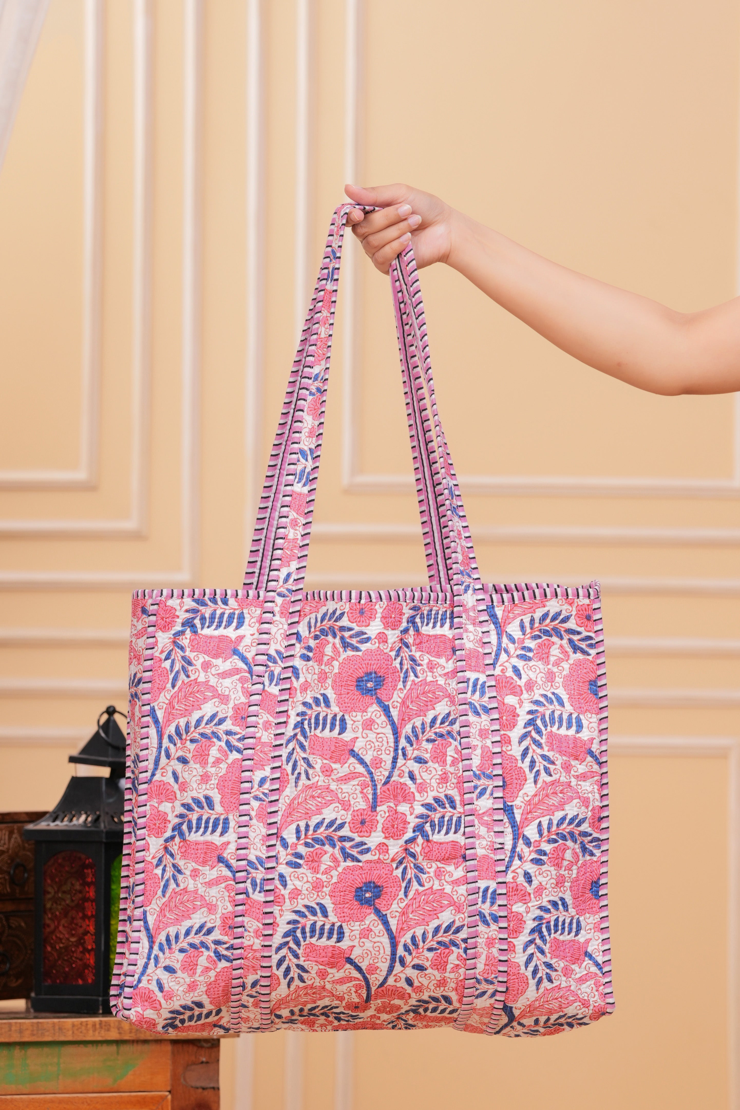 Handmade Cotton Pink Colour Printed Shopping Bag